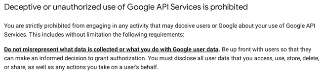 Google API Terms of Service highlighting privacy and security requirements