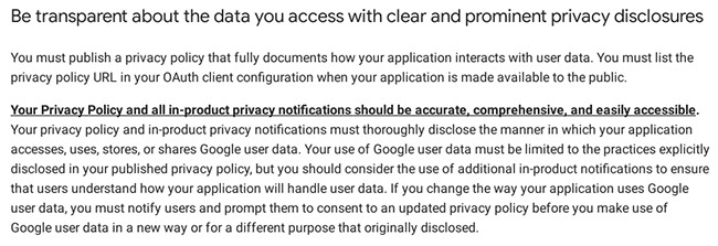 Google API Terms showing requirements for user data handling and consent